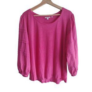 Chicos Pink Linen Top XL 3 Relaxed Fit Puff Sleeve Lightweight Fuschia Blouse